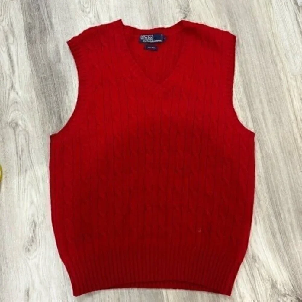 Polo Ralph Lauren v neck red 100% wool vest men flawed  size large